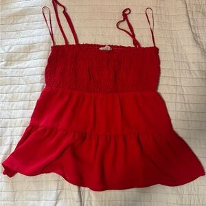 Red Smocked Tiered Spaghetti Strap Women's Top